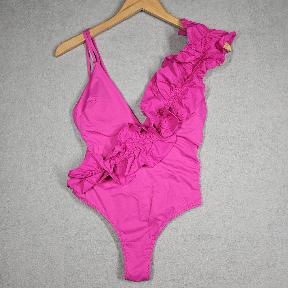 Zara Womens Small One Piece Swimsuit Ruffle Pink Bathing Cruise Resortwear